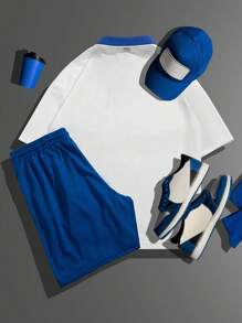 Manfinity Sporsity Men's Letter Print Short Sleeve Casual Athletic Polo Shirt And Shorts Set