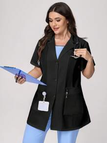 TaskEZ Chaqueta estilo bata de laboratorio de talla grande para mujer, de unicolor jaspeado, con solapa, manga corta, abotonadura sencilla y bolsillo, para uso profesional de enfermera
