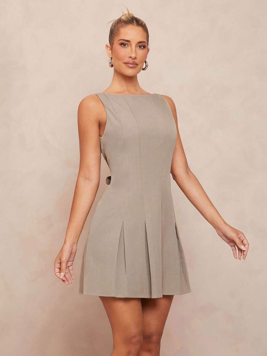 Lumalex Spring Outing Summer Swimwear Swim Vacation Elegant Easter Bohemian BOHO Sea Beach Hot Outdoor Richly Layered Wedding Season Banquet Coming Of Age Ceremony Beach Seaside Boat Neck Gathered Waist Pleat Spaghetti Strap Strap Mini Dress Women's Summer Dresses - Army Green - View 1