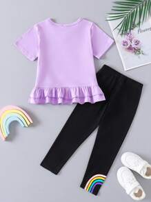 SHEIN 2pcs/Set Young Girl Summer Casual Rainbow Print Ruffle Hem T-Shirt And Pants Young Girls Sets Young Girls Sets Winter Young Girls Sets Summer - Multicolor - View 2