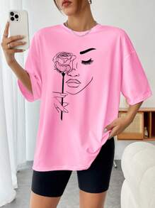 INAWLY Women's Casual Face & Rose Print Round Neck Dropped Shoulder T-Shirt, Summer - Pink - View 7