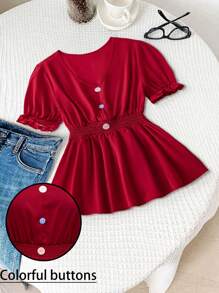 SHEIN Clasi Plus Size Women Red Sequin Lightweight Elegant Casual Summer Blouse Top,Elastic Waist,Colorful Button Decor,Everyday Daily Wear,Outing,Vacation,Travel - Red - View 1