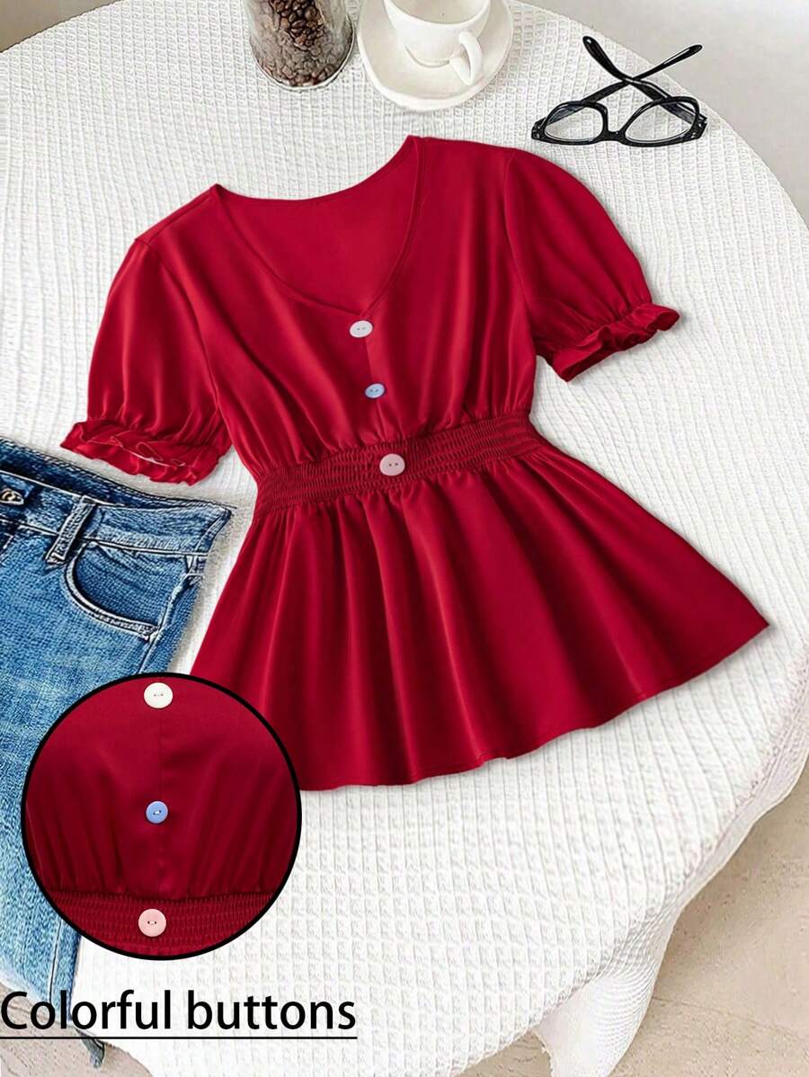 SHEIN Clasi Plus Size Women Red Sequin Lightweight Elegant Casual Summer Blouse Top,Elastic Waist,Colorful Button Decor,Everyday Daily Wear,Outing,Vacation,Travel - Red - View 1