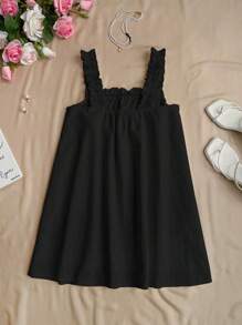 Flirla Vestido mini com babados em A-line, com alças grossas, vestido casual de boneca em cor sólida, verão - Preto - Visão 2