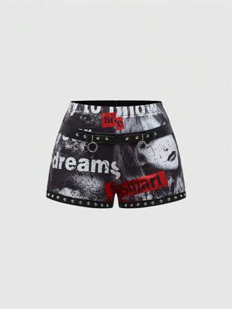 Grunge Punk Sexy Siren Slogan Print Black, Red, White Color Studded Low Waist Metal Ring Women Kpop Shorts