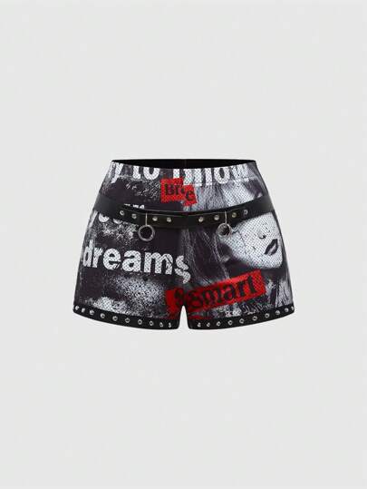 Grunge Punk Sexy Siren Slogan Print Black, Red, White Color Studded Low Waist Metal Ring Women Kpop Shorts