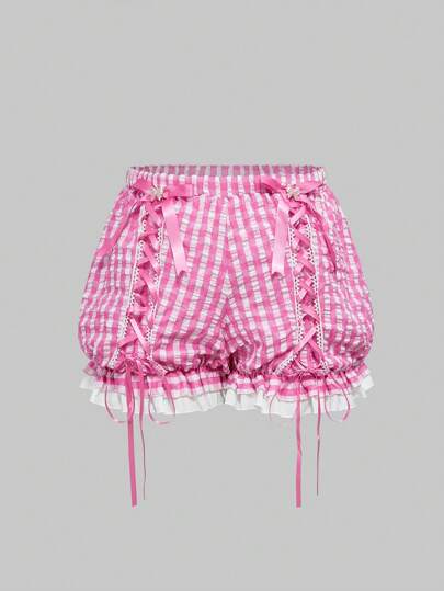 Kawaii Kawaii Women Cute Plaid Crossed Strap Shorts, Summer Ladies Shorts