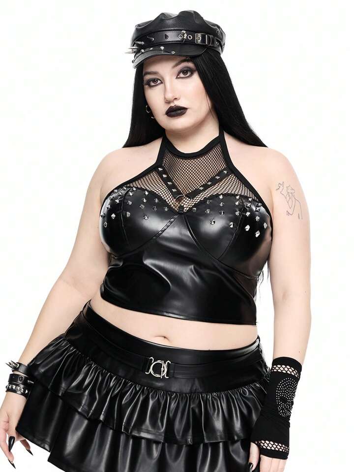 Our Grunge Punk Plus Size Sexy Punk Metal Rivet PU Splicing Mesh