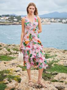 MOTF PREMIUM 亚麻花卉印花荷叶边下摆连衣裙 - 彩色 - 查看 6