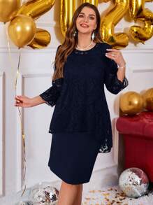 Miaspire 加大码女式圆领长袖蕾丝拼接弧形下摆双层优雅派对红色新年连衣裙、女士冬装、情人节 - 藏蓝色 - 查看 4