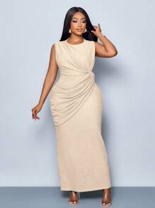 SOLERSUN Women's Fashion Slim Fit Pleated Sleeveless Solid Twist Front Bodycon Dress