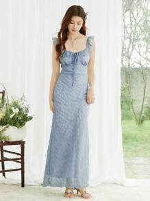 SHEIN LUNE Textured Plaid Ruffle Collar Fishtail Hem Elegant Dress For Women Graduation Dress - Blue - View 7