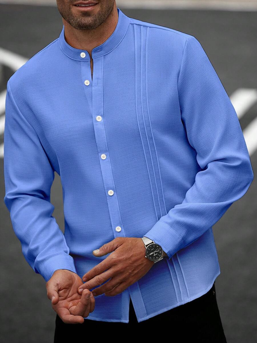 Manfinity CasualCool 男士水藍色長袖鈕扣襯衫,純色紋理皺褶休閒商務通勤輕便夏日度假鈕扣襯衫,秋季,正式 - 藍色 - 查看 1