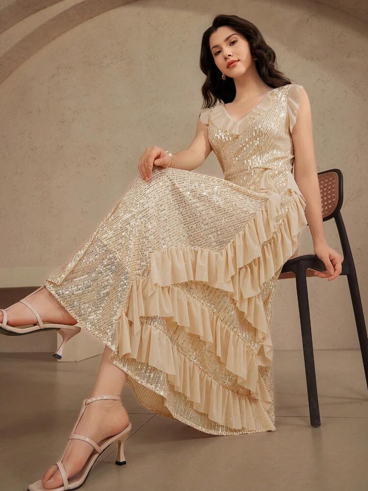 Women's Sequin & Mesh Patchwork Ruffle Hem Sleeveless Long Dress, Summer Dress, Graduation Dress Luxury Prom Dress New Year Eve Dress Sparkly Dress Cocktail Dress