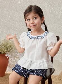 Blossori Baby Girls' Vacation Collared Embroidery Top/Shorts Set - Multicolor - View 3