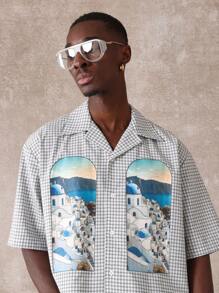 SUMWON Summer Vacation Greek Island Santorini Printed Check Shirt Resort Casual Beach Holiday Button Down Mediterranean Coastal Travel Wear - Light Grey - View 6