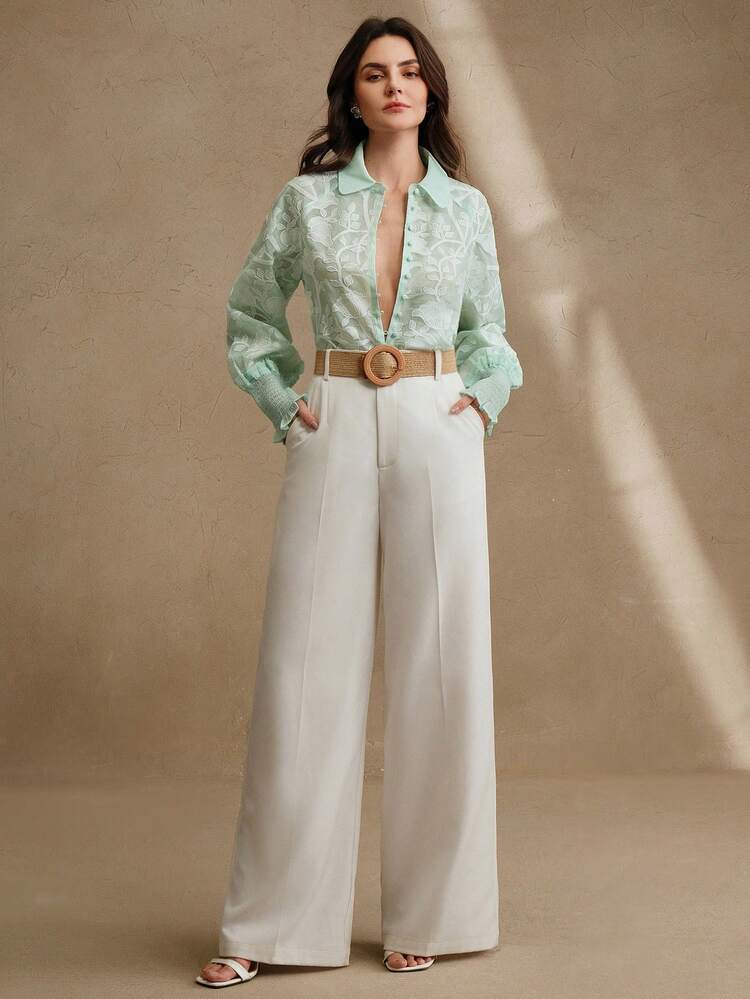 Women Elegant Floral Embroidered Collar Multiple Button Front Puff Sleeve Ruffle Cuff Blouse Top, Suitable For Festival, Going Out, Vacation, Spring