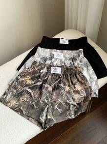 Comfortcana 3pcs Plus Size Solid Color & Tree Branch Print Shorts, Simple Versatile Comfortable Casual Wear Shorts Y2k Camo Shorts,Holiday Outfits For Women