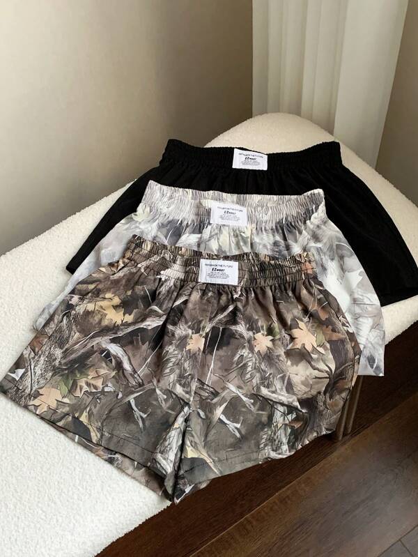 Comfortcana 3 piezas Pantalones cortos de mujer con estampado de unicolor y rama