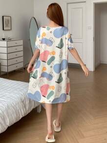 SHEIN Leap Crew Teen Girl Funny Cartoon Print Round Neck Short Sleeve Loose Casual Knit Summer Night Gown - Multicolor - View 2