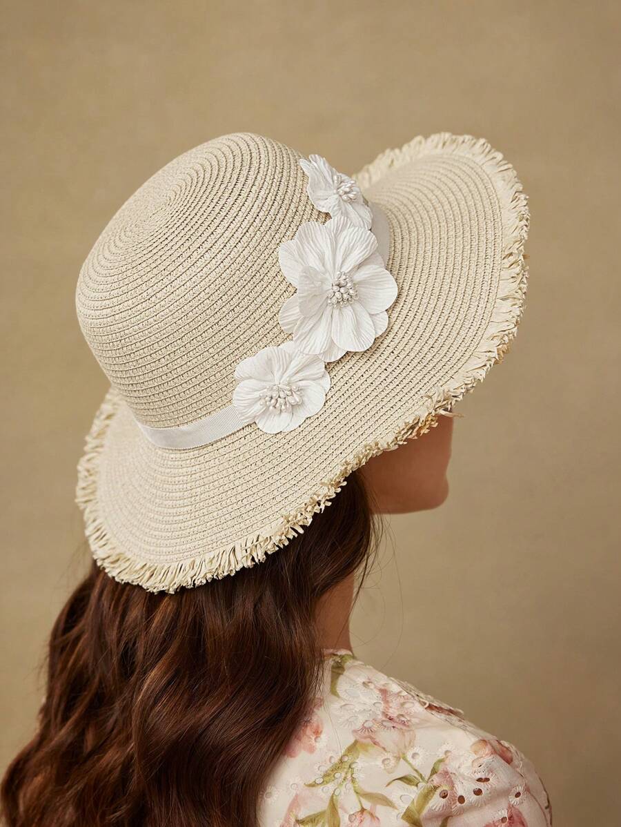 MOTF PREMIUM 3D FLORAL RAW TRIM BEIGE STRAW HAT