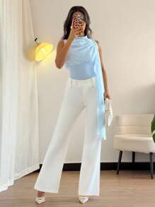 Chiquease 不对称肩带挂领带休闲通勤度假风格女士衬衫/衬衣，春夏 - 淺藍色 - 查看 5