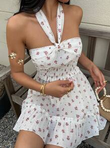 SHEIN Unity 碎花扭褶荷叶边饰褶皱前片露背迷你太阳裙 - 彩色 - 查看 7