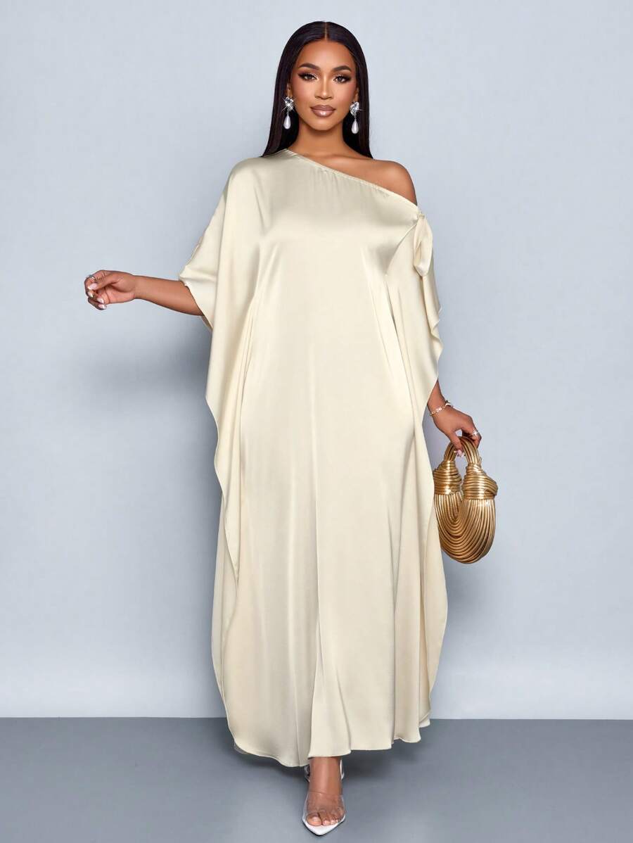 SOLERSUN Spring And Summer Women's Clothing Elegant Commuting Sexy Oblique Shoulder Bow Seaside Holiday Party Party Robe Glossy Fabric Apricot Long Skirt - Apricot - View 1