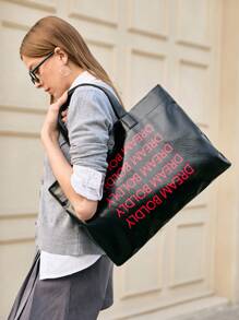 SHECARRY Women's Fashion Personalized Street Style Cool Y2K Pleated PU Letter Tote Bag, Shopping Bag - Black - View 2