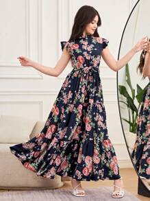 SHEIN Teen Girls' Floral Print Small Cap Sleeve Tie-Waist Layered Hem A-Line Dress - Navy Blue - View 6