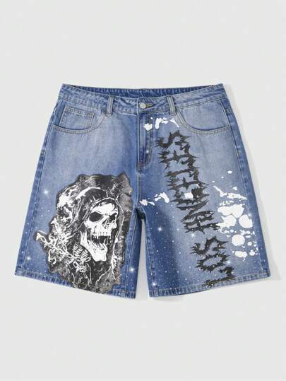 Street Life Men's Skull & Letter Rhinestone Print Denim Shorts