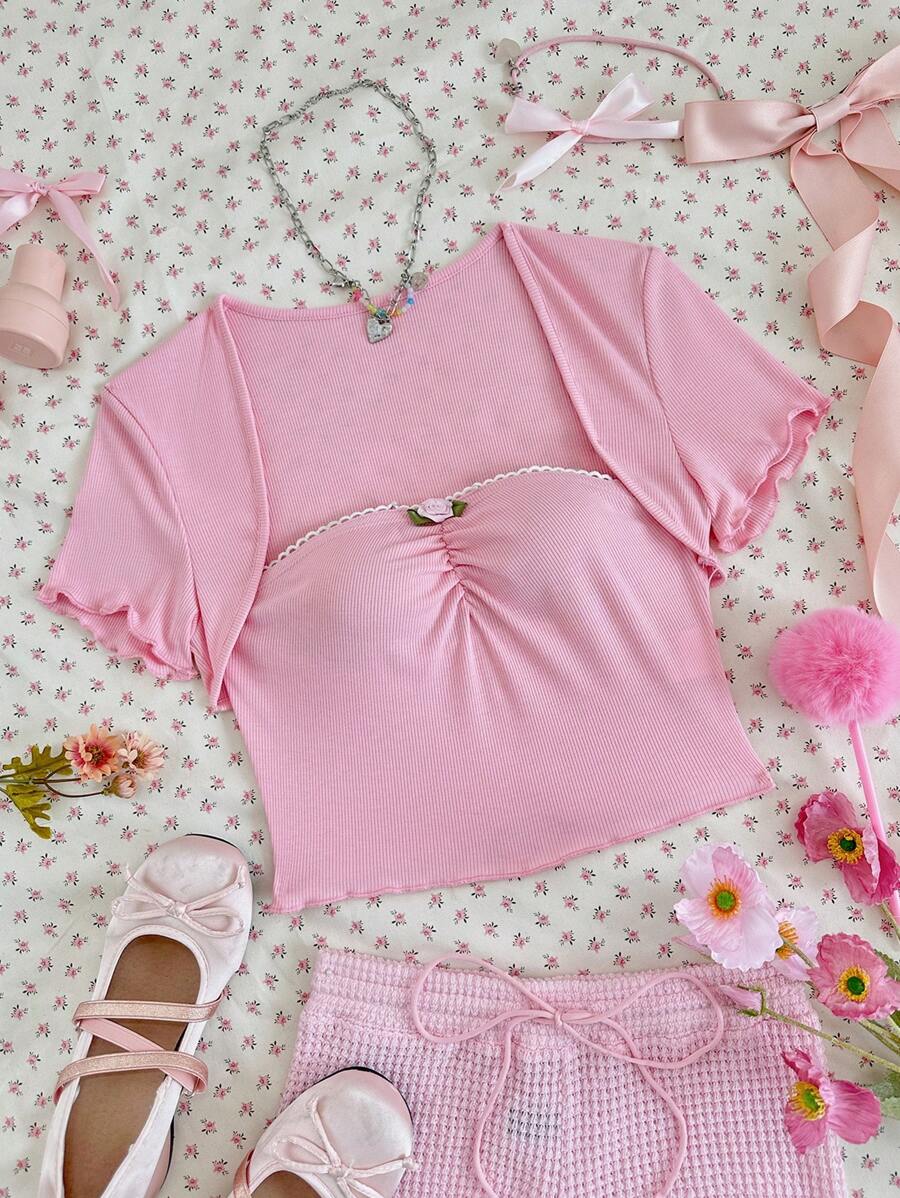 Sweetina 2 件套夏季蕾丝边背心和吊带背心，粉色休闲性感风格 - 粉色 - 查看 1