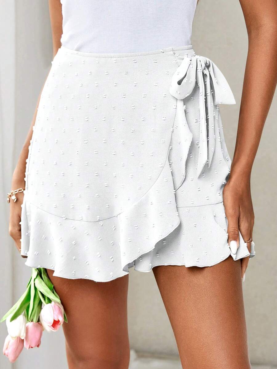 Firerie Casual Solid Color Ruffled Tie-Front Mini Skirt Shorts - White - View 1