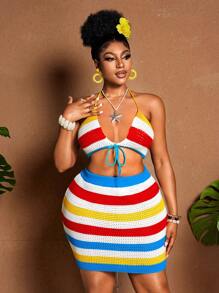 Maweii Plus Size Women Color Block Striped Sexy Lace-Up Two Pieces Swimsuit