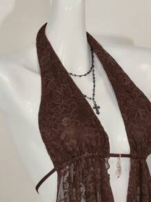SHEIN ICON 女士 Y2k 性感 90 年代服装节勃艮第红嬉皮蕾丝露背挂脖休闲上衣，日常穿着 - 棕色 - 查看 4
