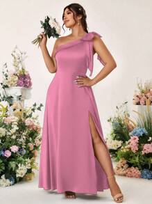 Cravure 加大码缎面吊带 A 字形连衣裙，带蝴蝶结，无袖，开衩，适合派对和活动 - 粉色 - 查看 5