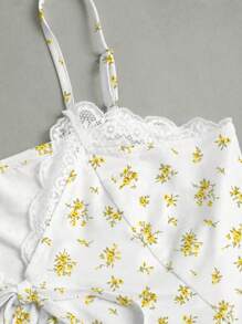 SHEIN Unity 夏季甜美碎花 V 领蕾丝边蝴蝶结吊带女式背心 - 黃色 - 查看 5