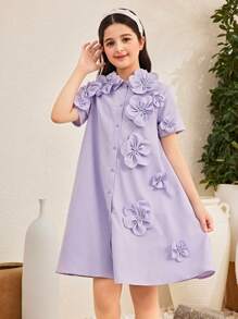 SHEIN 青少年女孩休闲优雅手工 3D 花卉装饰翻领短袖纽扣前编织纯色衬衫裙 - 淡紫色 - 查看 3