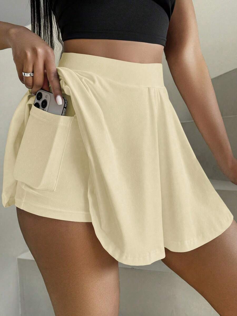 Zolique Women's Casual Solid Color Phone Pocket Shorts Skirt, Summer - Apricot - View 1