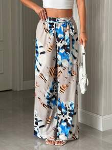 EURMUSE 女士多色缎面印花优质优雅长裤