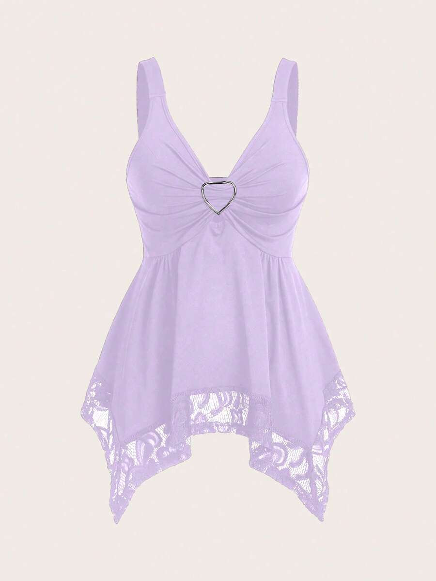 SHEIN Unity 女士蕾丝装饰心形和花卉拼接背心 Y2K，娃娃装上衣 - 紫色 - 查看 1