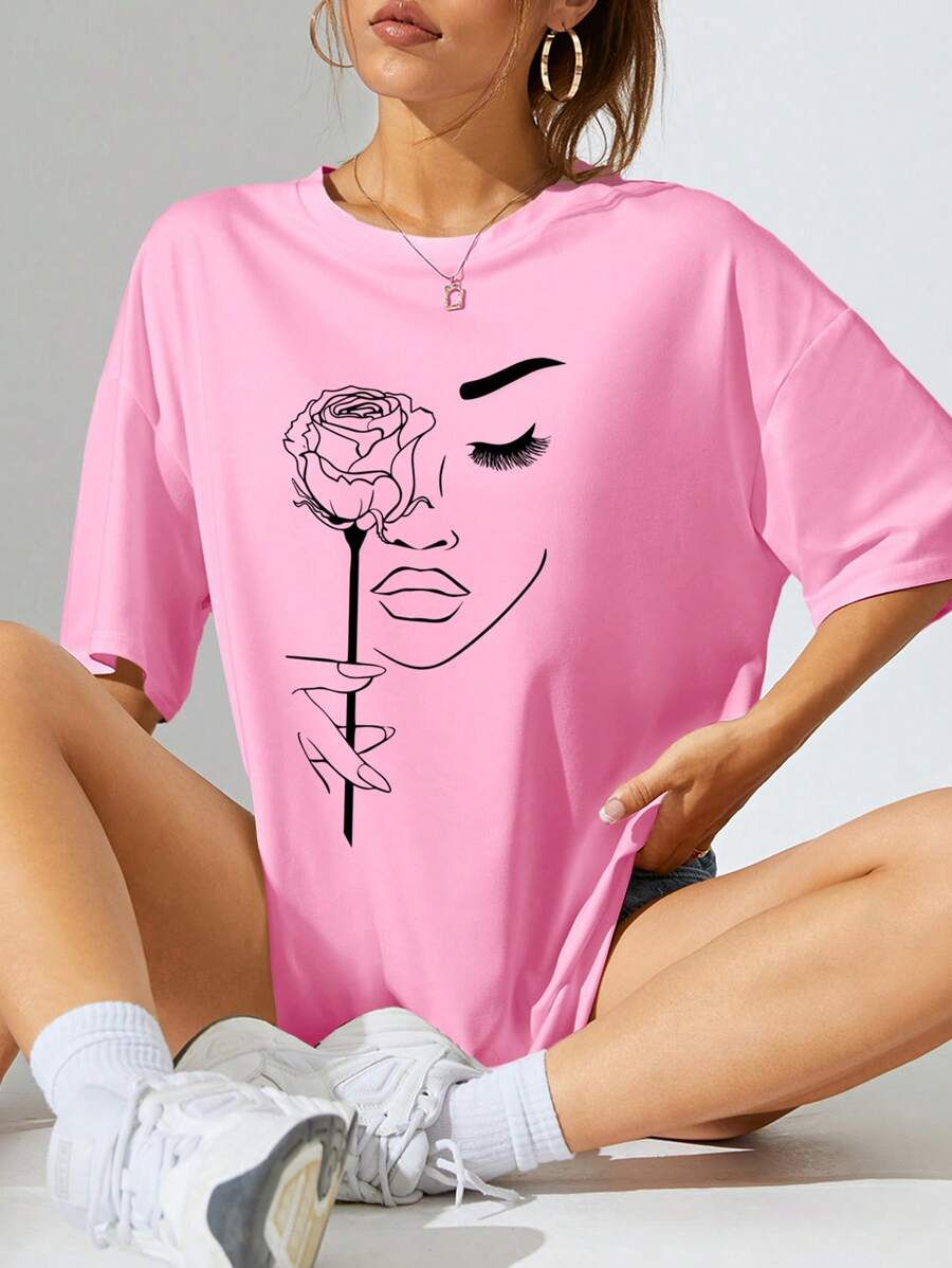 INAWLY Women's Casual Face & Rose Print Round Neck Dropped Shoulder T-Shirt, Summer - Pink - View 1