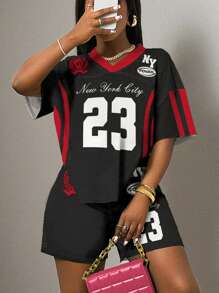 Slaydiva 2pcs/Set Women's Casual Letter Print Short Sleeve T-Shirt And Shorts Sports Outfit, Suitable For Summer - Multicolor - View 3