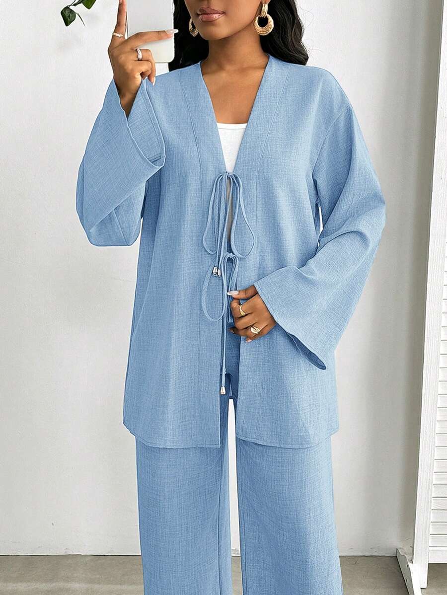 SHEIN Lady 2pcs Women Casual Front Tie Long Sleeve Top And Pants Set, Solid Color Blue Women's Two Pieces Set - Baby Blue - View 1