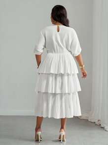 Slaydiva Plus Size Solid Color Long Sleeve Dress, Fashionable For Summer,Flowy Dress - White - View 2