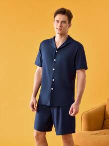 Men's Solid Color Button Front Short Sleeve Top And Shorts Pajama Set - Navy Blue - View 4