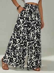 SHEIN PETITE Quần ống rộng in họa tiết thường ngày cho nữ - Đen và trắng - Xem 7