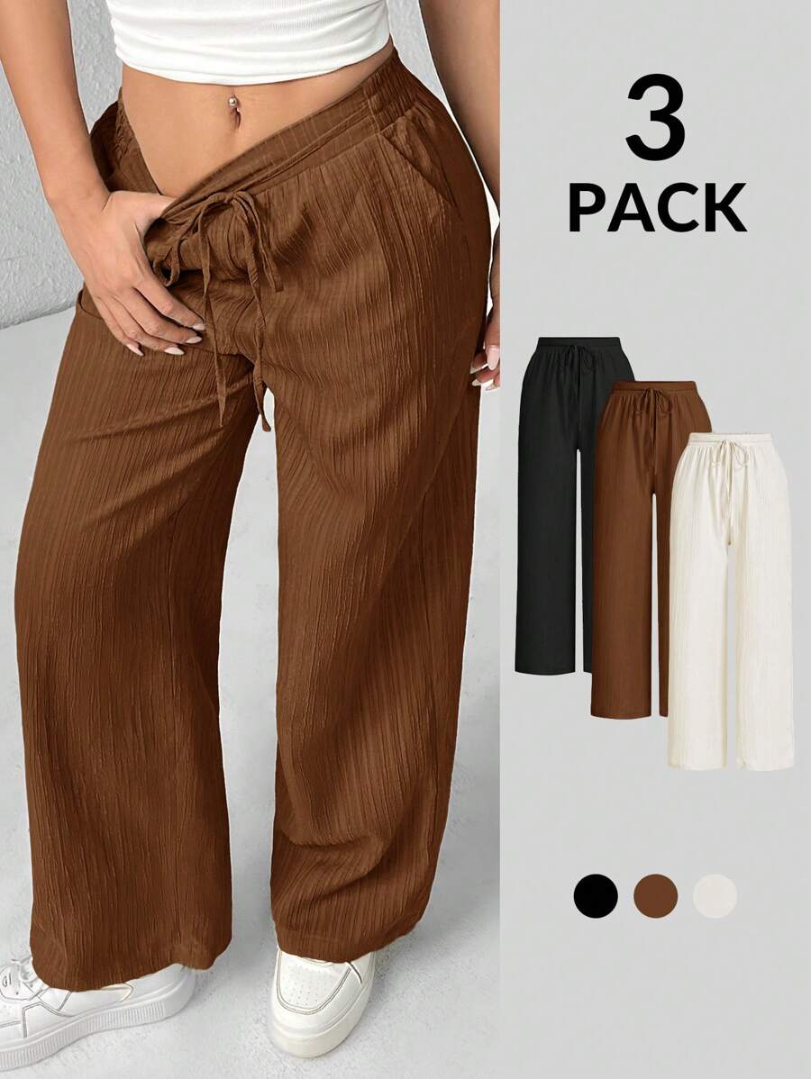 SHEIN PETITE 女款三件套纹理阔腿裤 黑色+白色+绿色 - 彩色 - 查看 1