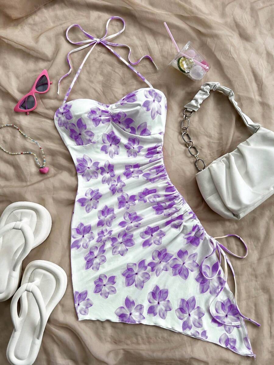 Soleia Đầm bó sát cơ thể họa tiết hoa tím nền trắng họa tiết lãng mạn viền bất đối xứng, áo lót thời trang thu đông cho nữ - Nhiều màu - Xem 1