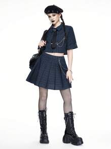 ROMWE Gothic College Chain Decor Plaid Pleated A-Line Skirt - Green - View 2